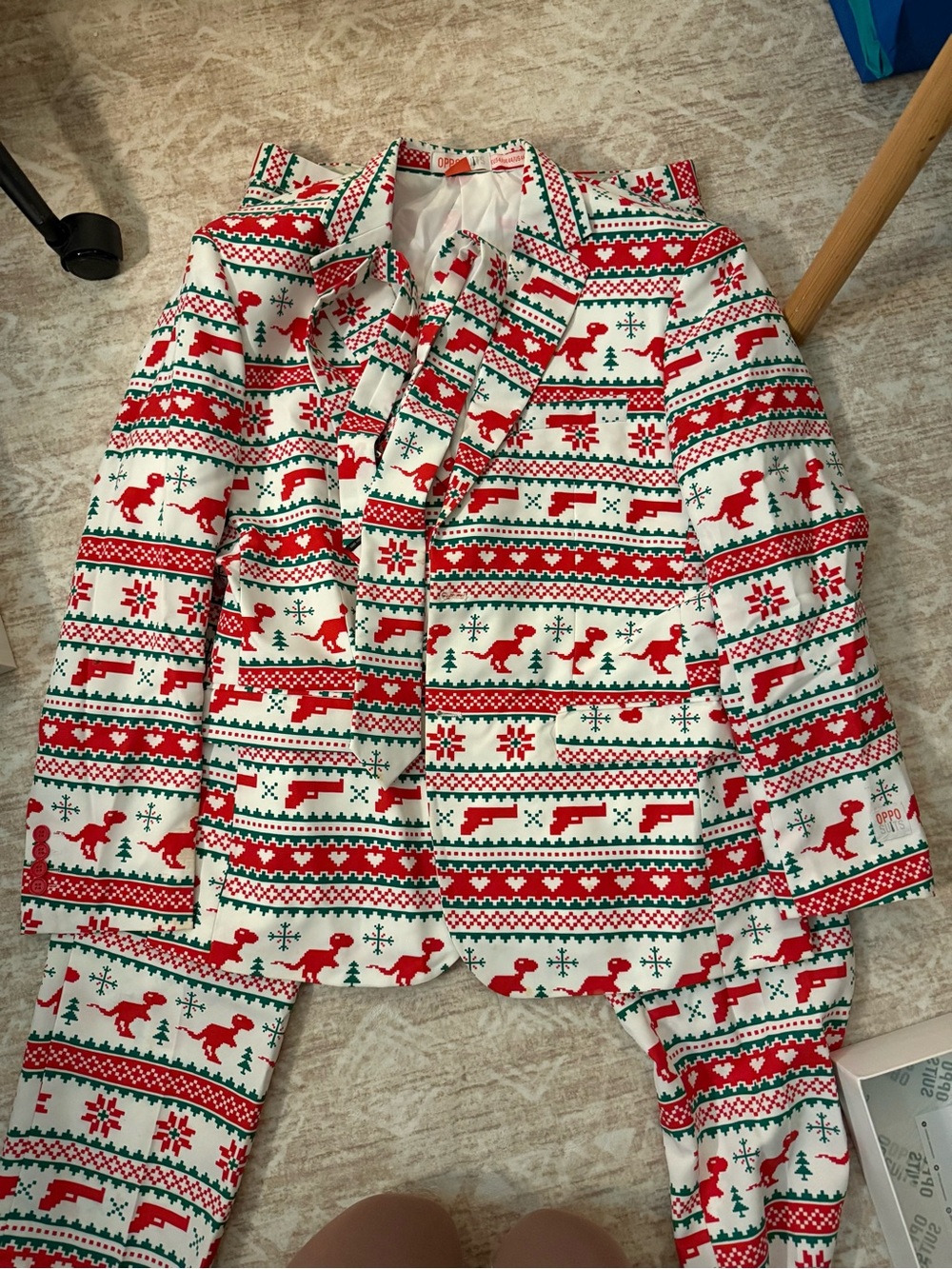 OppoSuits Red & White Dino Holiday Suit Jacket, Pants & Tie